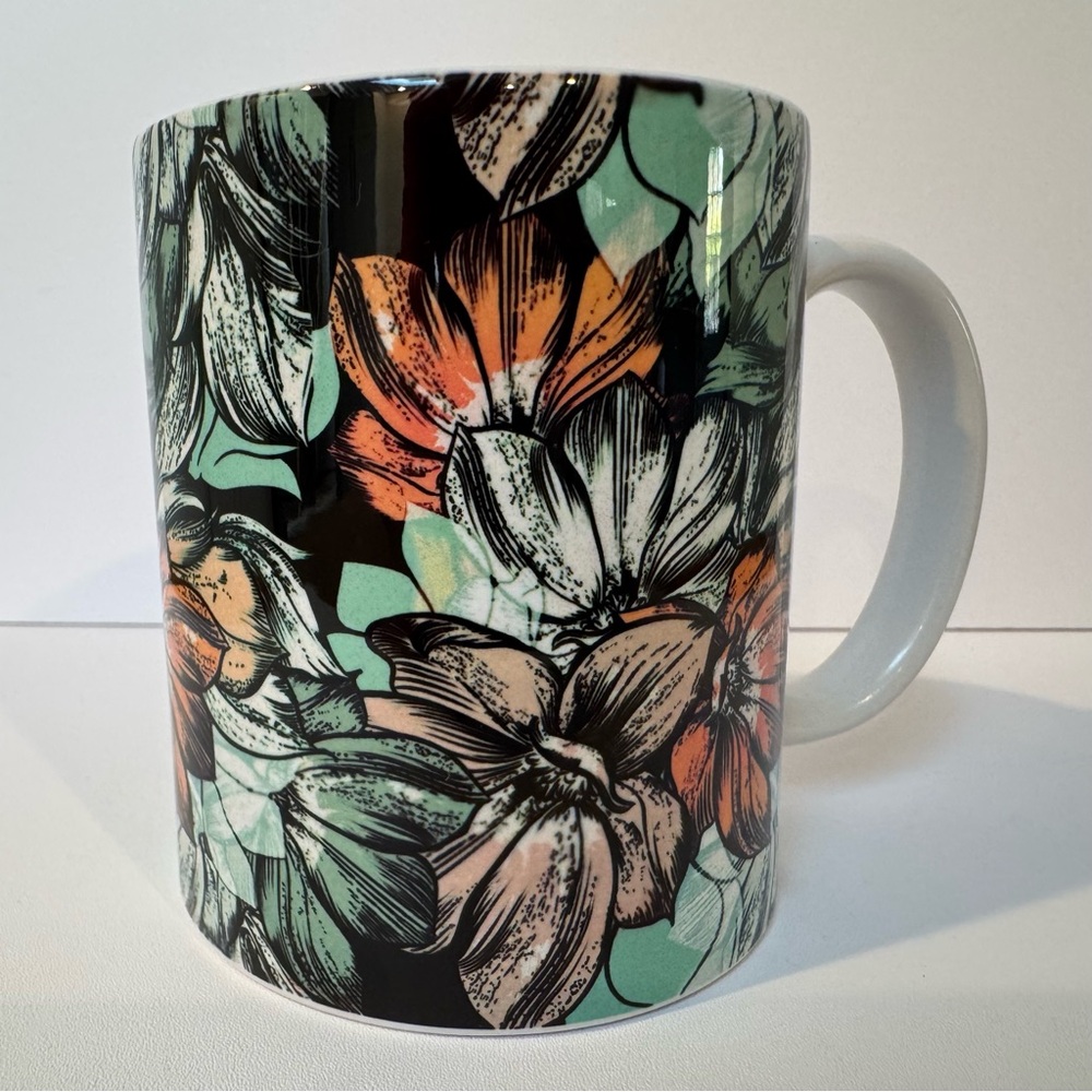 Floral Black, Mint and Orange Mug and Coaster Set